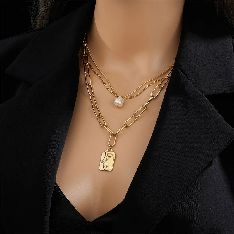 Gold Plated Stainless Steel 3-Layer Pendant Necklace - Ra The Boutique