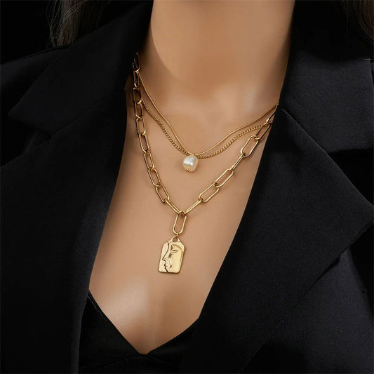 Gold Plated Stainless Steel 3-Layer Pendant Necklace - Ra The Boutique