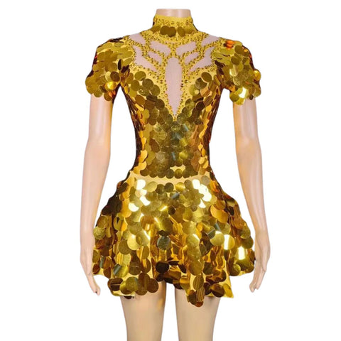 Golden Hour Mirror Shine Sequin Short Sleeve Festival Mini Dress - Ra The Boutique