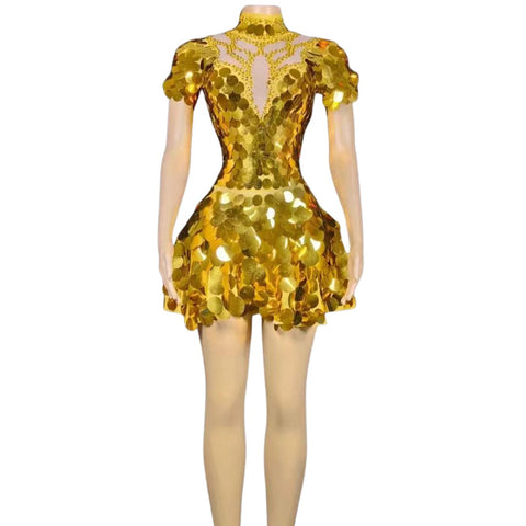 Golden Hour Mirror Shine Sequin Short Sleeve Festival Mini Dress - Ra The Boutique