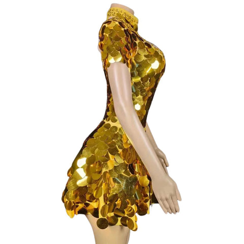Golden Hour Mirror Shine Sequin Short Sleeve Festival Mini Dress - Ra The Boutique