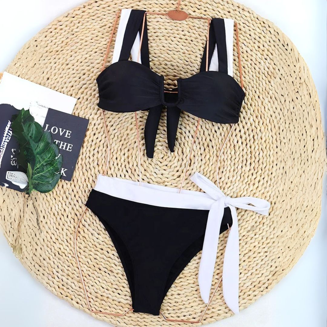 High Waisted Contrast Trim Bikini with Side Tie Bottom – Flattering & Comfortable - Ra The Boutique - 