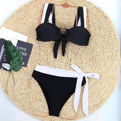 High Waisted Contrast Trim Bikini with Side Tie Bottom – Flattering & Comfortable - Ra The Boutique - 