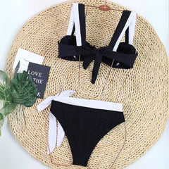 High Waisted Contrast Trim Bikini with Side Tie Bottom – Flattering & Comfortable - Ra The Boutique - 