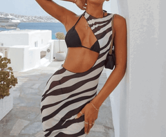 Irregular Cut Out Sheer Zebra Print Maxi Beach Dress - Ra The Boutique
