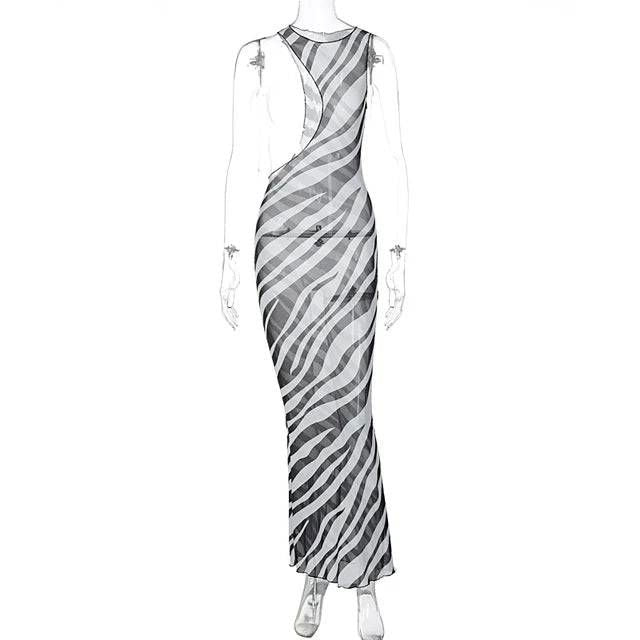 Irregular Cut Out Sheer Zebra Print Maxi Beach Dress - Ra The Boutique