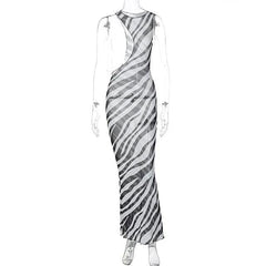 Irregular Cut Out Sheer Zebra Print Maxi Beach Dress - Ra The Boutique