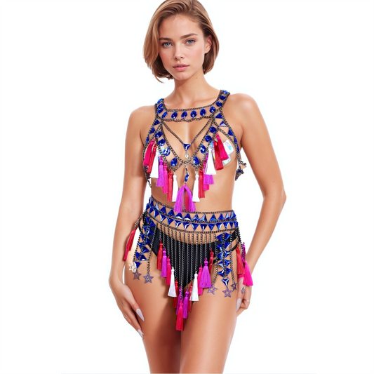 Jewel Chain and Tassel Festival Mini Skirt Set - Ra The Boutique