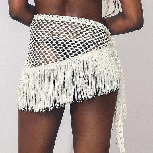 Knit Tassel Side Tie Sequin Fringe Beach Mini Skirt - Ra The Boutique