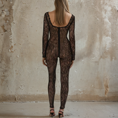 Lace Semi Sheer Long Sleeve Catsuit Jumpsuit Bodysuit Party Outfit - Back in Black - ready for review - Ra The Boutique - 