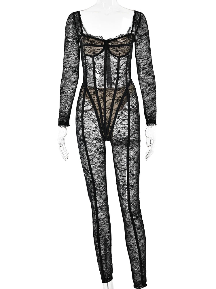 Lace Semi Sheer Long Sleeve Catsuit Jumpsuit Bodysuit Party Outfit - Back in Black - ready for review - Ra The Boutique - 