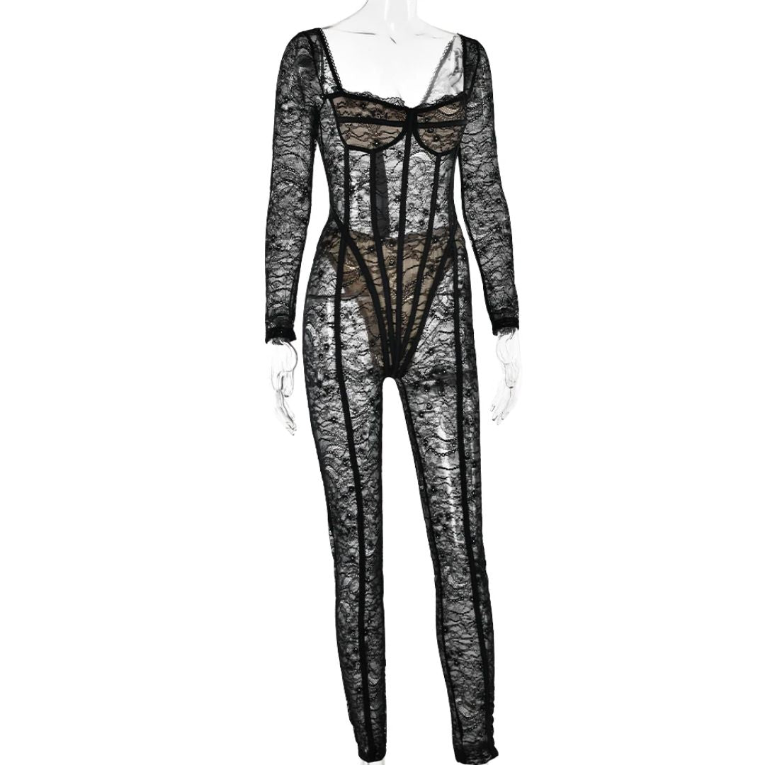 Lace Semi Sheer Long Sleeve Catsuit Jumpsuit Bodysuit Party Outfit - Back in Black - ready for review - Ra The Boutique - 
