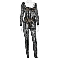 Lace Semi Sheer Long Sleeve Catsuit Jumpsuit Bodysuit Party Outfit - Back in Black - ready for review - Ra The Boutique - 