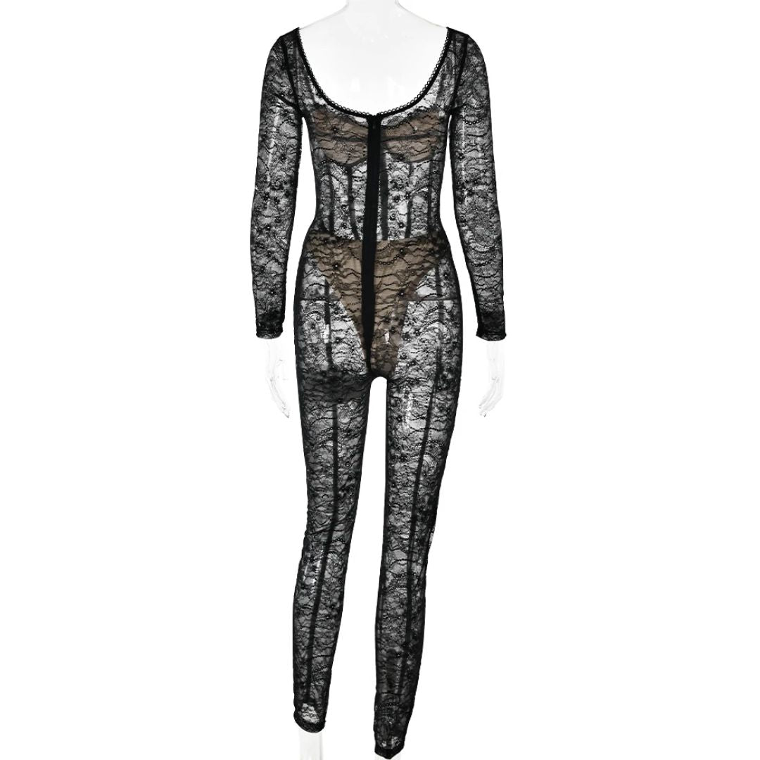 Lace Semi Sheer Long Sleeve Catsuit Jumpsuit Bodysuit Party Outfit - Back in Black - ready for review - Ra The Boutique - 