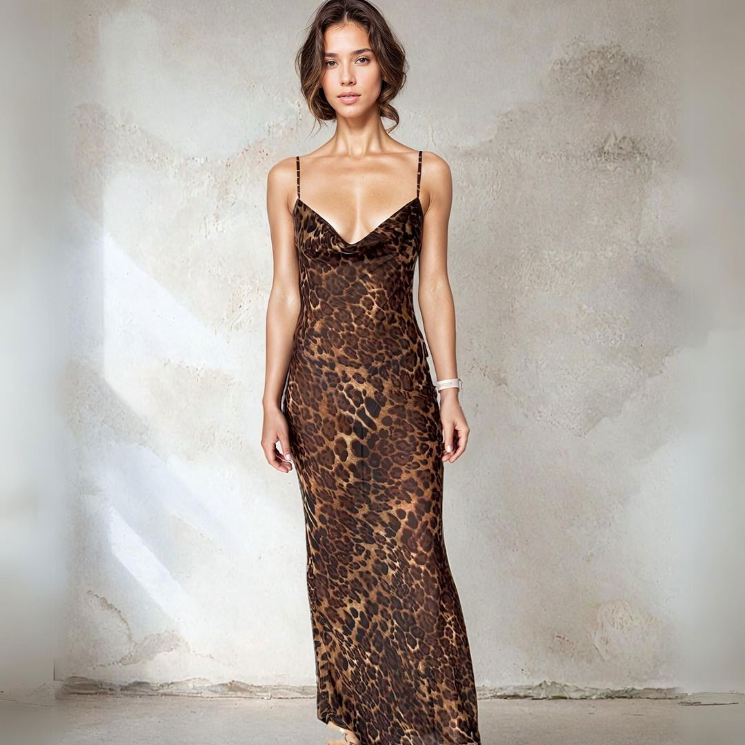 Leopard Print Cowl Neck Semi Sheer Open Back Maxi Dress - Ra The Boutique
