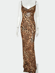 Leopard Print Cowl Neck Semi Sheer Open Back Maxi Dress - Ra The Boutique