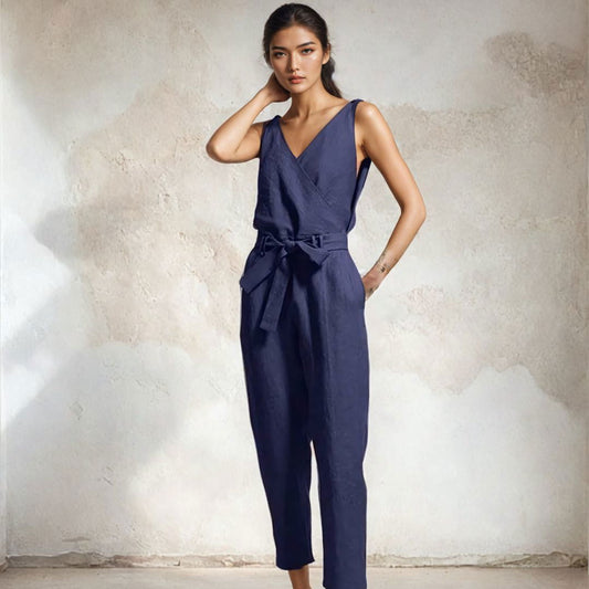 Linen Wrap Top Paperbag Waist Sleeveless Jumpsuit - Ra The Boutique