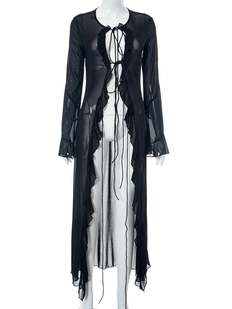 Long Sleeve Semi-Sheer Mesh Duster with Front Tie and Ruffle Details - Ra The Boutique