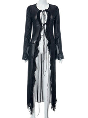 Long Sleeve Semi-Sheer Mesh Duster with Front Tie and Ruffle Details - Ra The Boutique