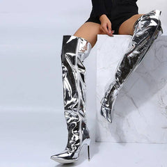 Metallic Patent Vegan Leather Over The Knee Pointy Toe Boots - Ra The Boutique