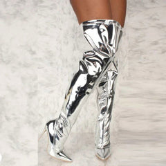 Metallic Patent Vegan Leather Over The Knee Pointy Toe Boots - Ra The Boutique