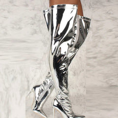 Metallic Patent Vegan Leather Over The Knee Pointy Toe Boots - Ra The Boutique