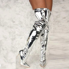 Metallic Patent Vegan Leather Over The Knee Pointy Toe Boots - Ra The Boutique