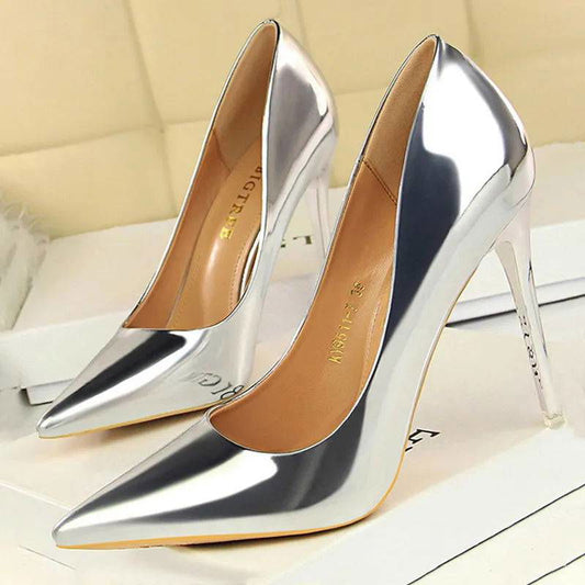 Metallic Sky High Pointy Toe Patent Pumps - Ra The Boutique - Heels - #tag1# - #tag2#