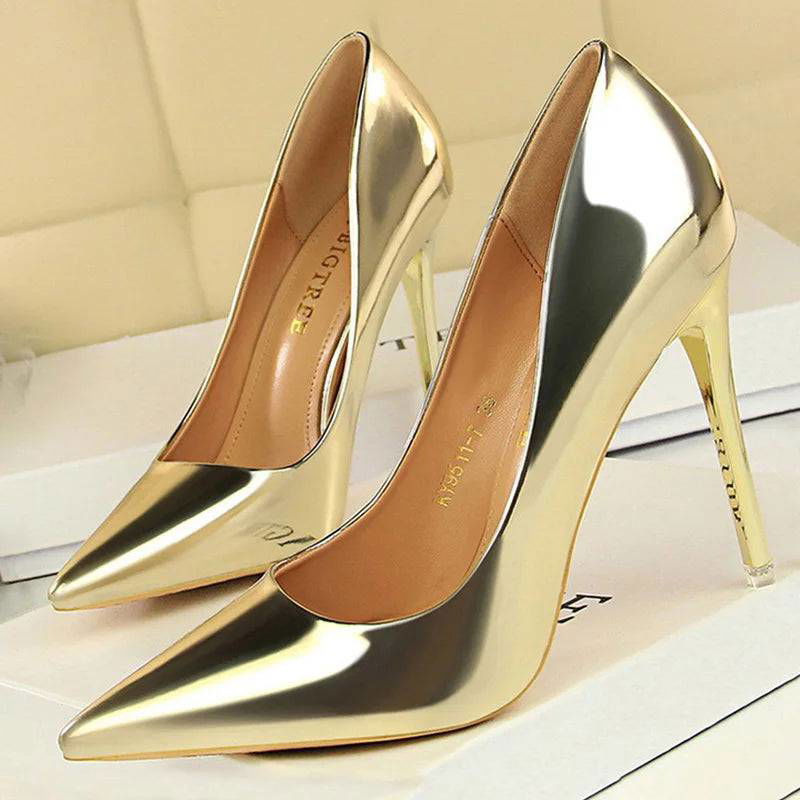 Metallic Sky High Pointy Toe Patent Pumps - Ra The Boutique -  - #tag1# - #tag2#
