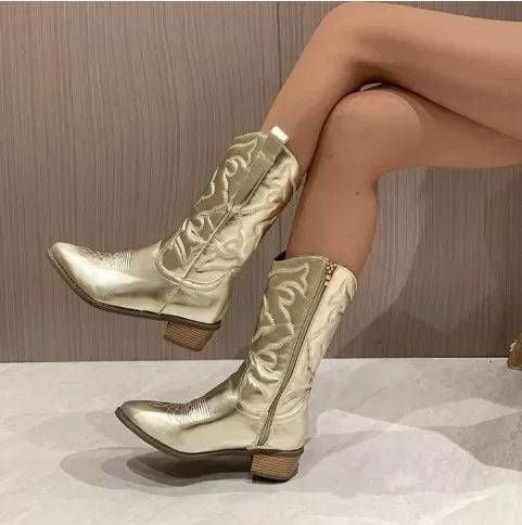 Metallic Vegan Leather Mid Calf Pointy Toe Cowgirl Boots - Ra The Boutique