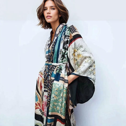 Multicolor Floral and Geometrical Print Pants and Long Sleeve Kimono - Ra The Boutique