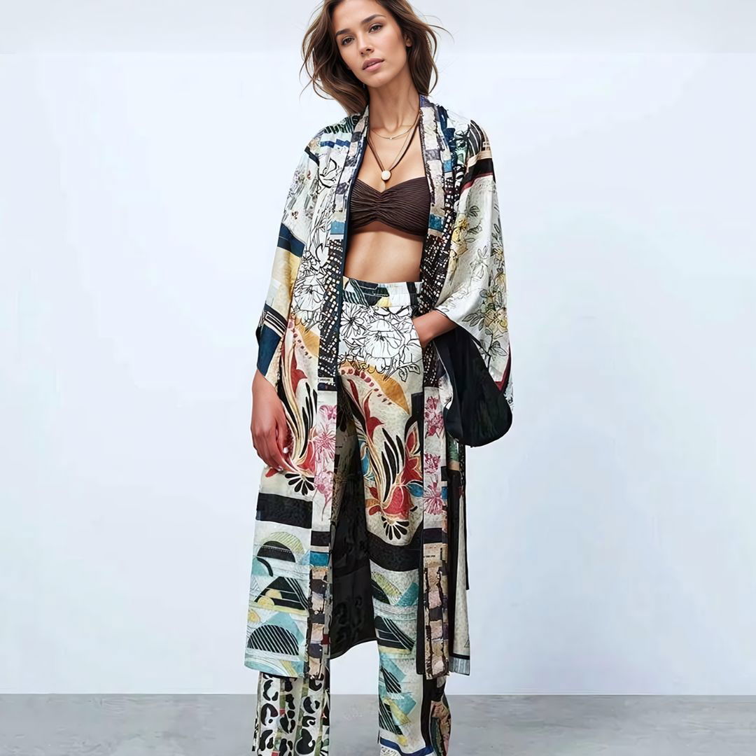 Multicolor Floral and Geometrical Print Pants and Long Sleeve Kimono - Ra The Boutique