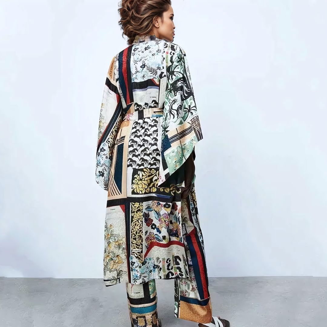 Multicolor Floral and Geometrical Print Pants and Long Sleeve Kimono - Ra The Boutique