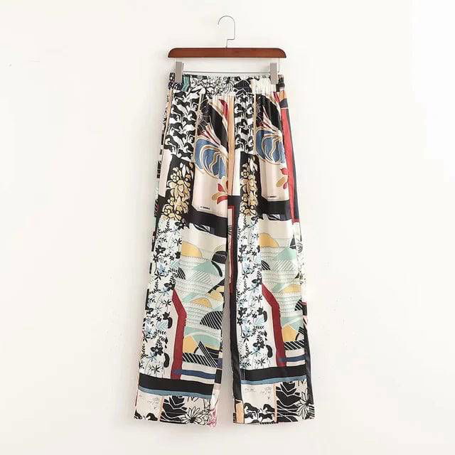Multicolor Floral and Geometrical Print Pants and Long Sleeve Kimono - Ra The Boutique