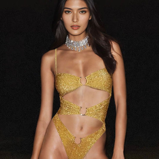Mustard Yellow Glitter Fabric High Cut One Piece Swimsuit - Ra The Boutique