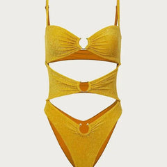 Mustard Yellow Glitter Fabric High Cut One Piece Swimsuit - Ra The Boutique