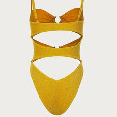 Mustard Yellow Glitter Fabric High Cut One Piece Swimsuit - Ra The Boutique