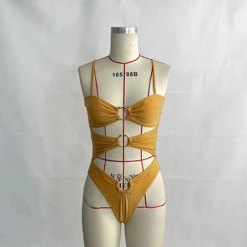 Mustard Yellow Glitter Fabric High Cut One Piece Swimsuit - Ra The Boutique