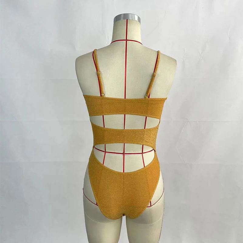 Mustard Yellow Glitter Fabric High Cut One Piece Swimsuit - Ra The Boutique
