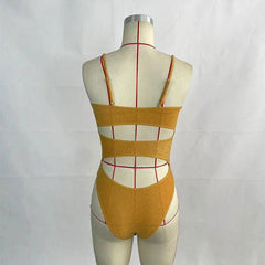 Mustard Yellow Glitter Fabric High Cut One Piece Swimsuit - Ra The Boutique