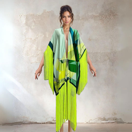 Neon Geometrical Print Max Fringe Kimono Style Beach Cover Up - Ra The Boutique