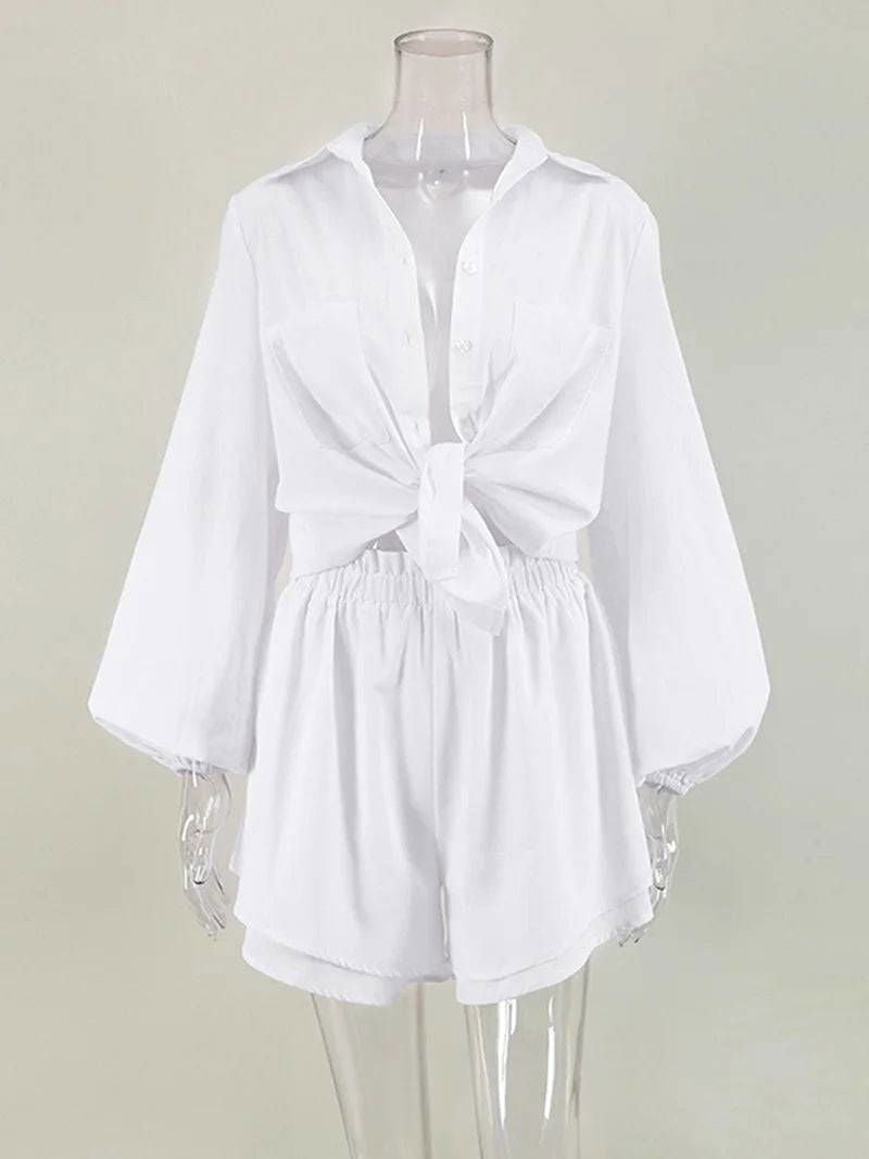 Oversized Button Down Bishop Sleeve Blouse and Lined Double Hem Short Set - Ra The Boutique -  - #tag1# - #tag2#