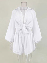 Oversized Button Down Bishop Sleeve Blouse and Lined Double Hem Short Set - Ra The Boutique -  - #tag1# - #tag2#