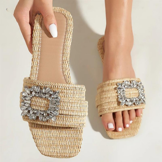 Rattan Diamante Embellished Flat Slides - Ra The Boutique
