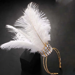 Gold & White Feather Tiara Headband – Sparkling Diamante Festival Crown for Magical Moments