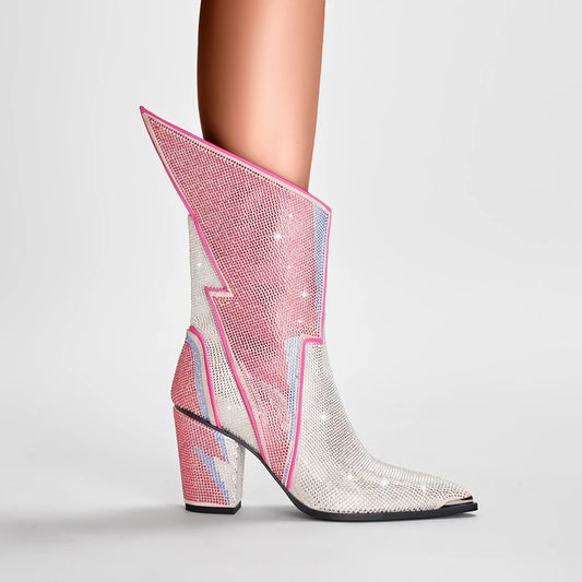 Ziggy Stardust Rhinestone Lightning Bolt Festival Booties – Pink & Silver Glam Rock Boots