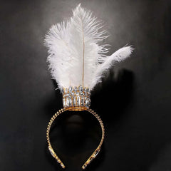 Gold & White Feather Tiara Headband – Sparkling Diamante Festival Crown for Magical Moments