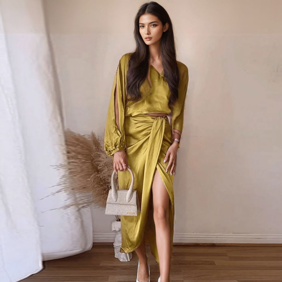 Satin Cut Out Asymmetrical Neck Single Sleeve Midi Dress - Ra The Boutique