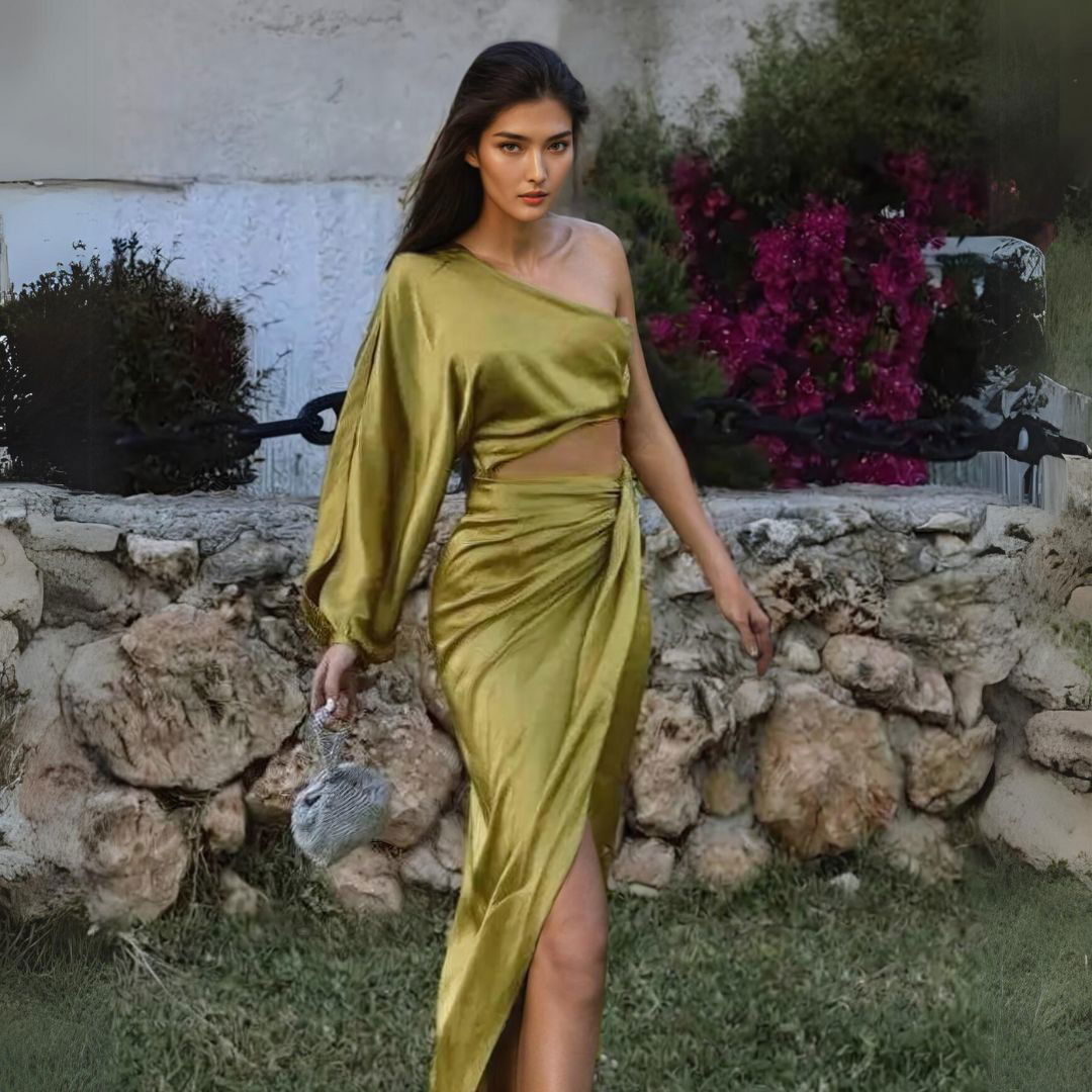 Satin Cut Out Asymmetrical Neck Single Sleeve Midi Dress - Ra The Boutique