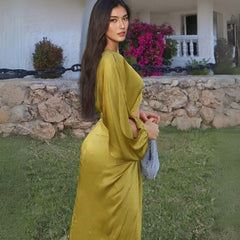 Satin Cut Out Asymmetrical Neck Single Sleeve Midi Dress - Ra The Boutique